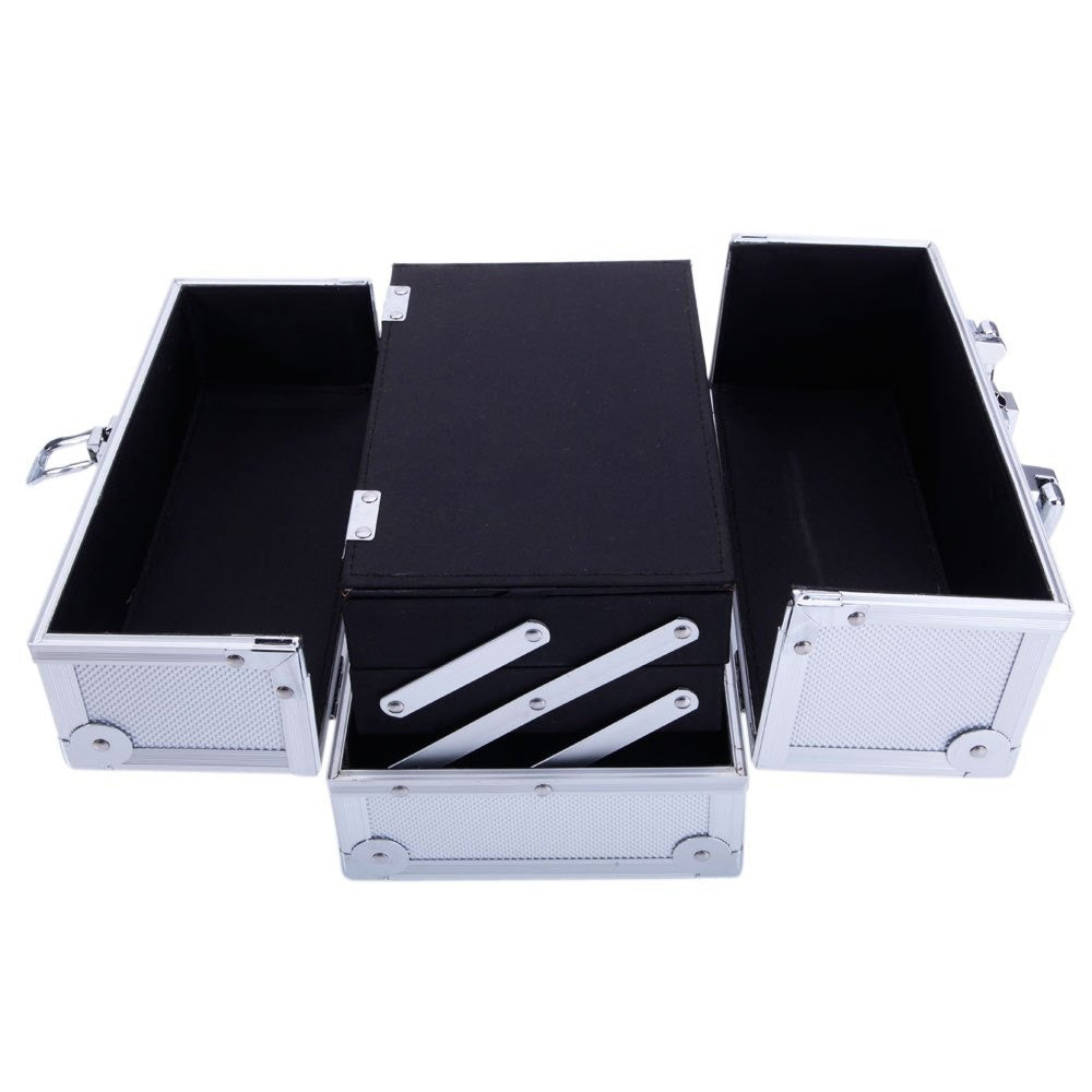 Tabletop Makeup Carry Case with Mirror, Fold-Out Trays and Dividers in Black, Silver or Pink