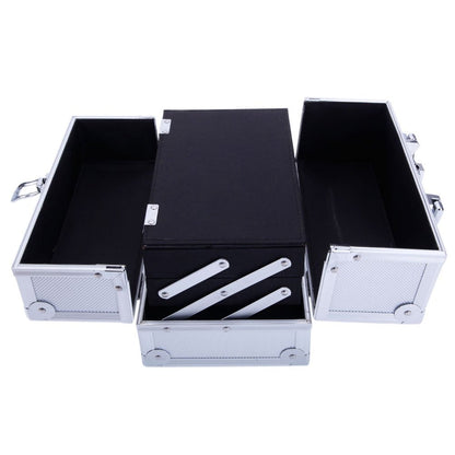 Tabletop Makeup Carry Case with Mirror, Fold-Out Trays and Dividers in Black, Silver or Pink
