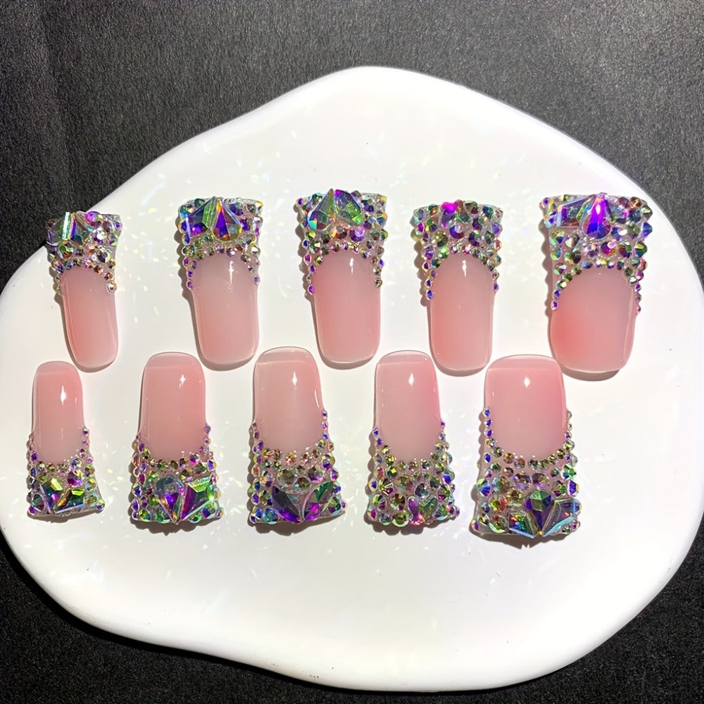 Press On Nails 10-Piece Long Duckbill Set with Nude French Tips, AB Diamond Finish and Nail Tools