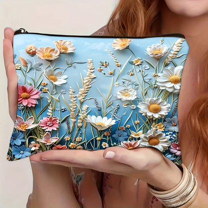 Makeup Bag Four-Piece Daisy Floral Foldable Zipper Pouch Set for Travel, Vanity and Everyday Beauty Storage