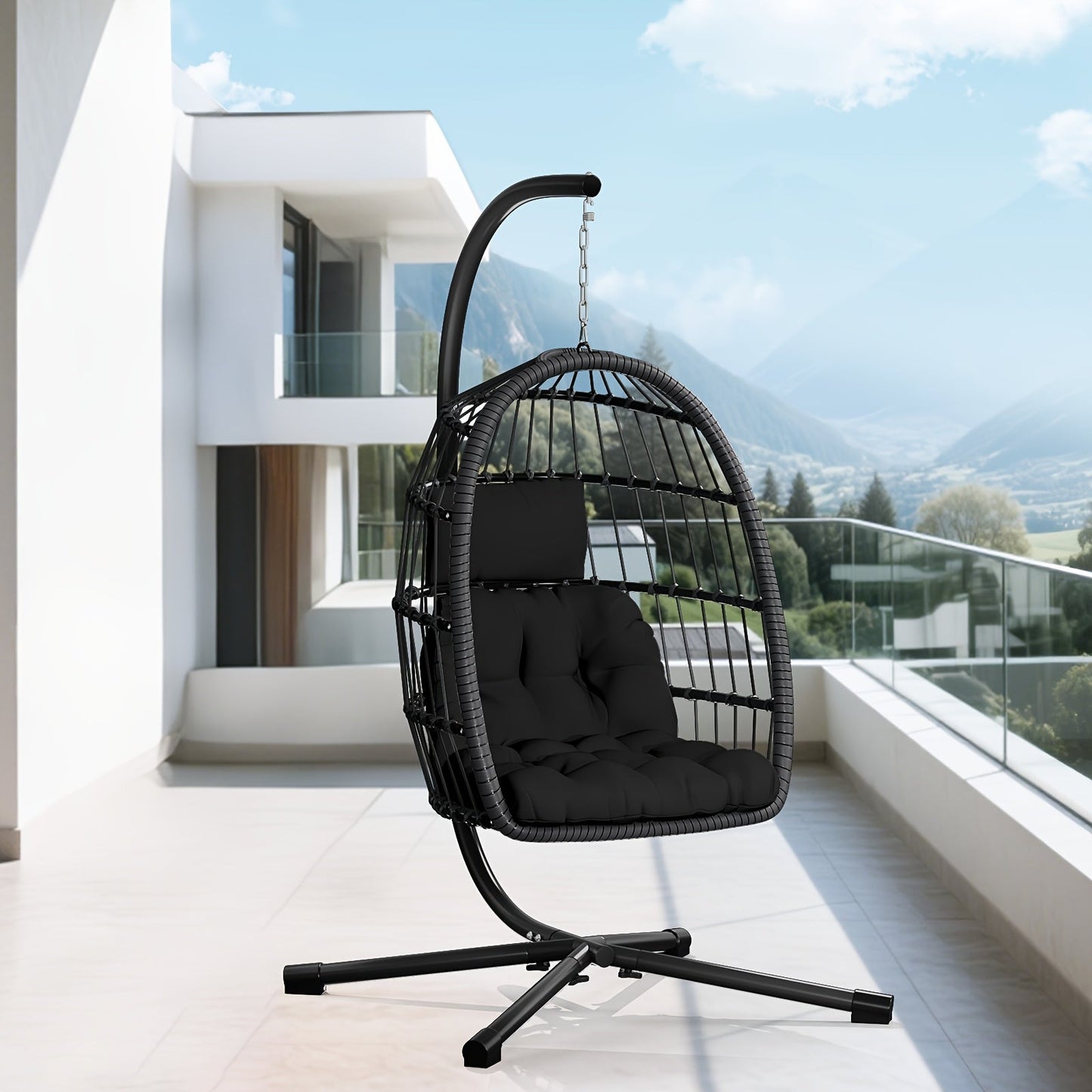 Outdoor Egg Chair with Stand Rattan Wicker Hanging Swing Hammock Chair Thickened Aluminum Frame UV-Resistant Cushion 350LBS Capacity Patio