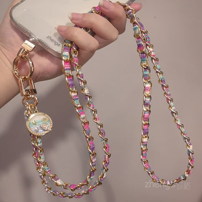 Metal Chain Phone Crossbody Strap Painted Fabric Long Lanyard Fashionable Disc Button Shoulder Phone Strap