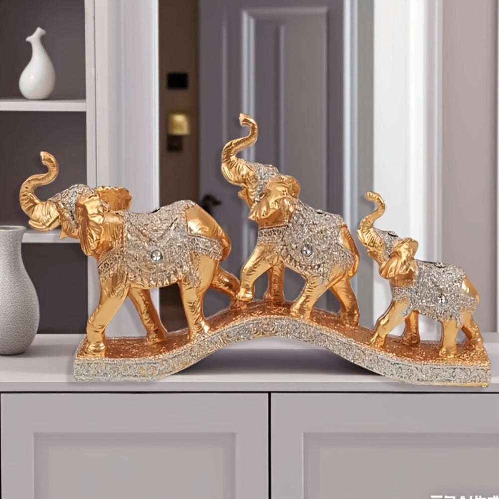 Golden Elephant Figurine Set of 3 – Lucky Elephant Statue Home Decor, Resin Elephant Family Sculpture for Living Room TV Cabinet Office