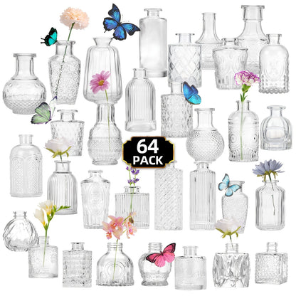 Glass Bud Vases Set of 64 Small Clear Flower Vases for Centerpieces Wedding Table Decor Rustic Vintage Home Decoration Multi-Size Mini Vase