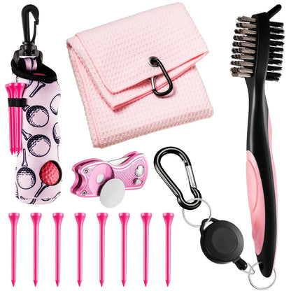 12-Piece Pink Golf Accessory Set with Towel, Eight Tees, Brush, Retractable Clip and Divot Tool with Ball Marker