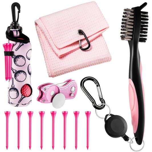 12-Piece Pink Golf Accessory Set with Towel, Eight Tees, Brush, Retractable Clip and Divot Tool with Ball Marker