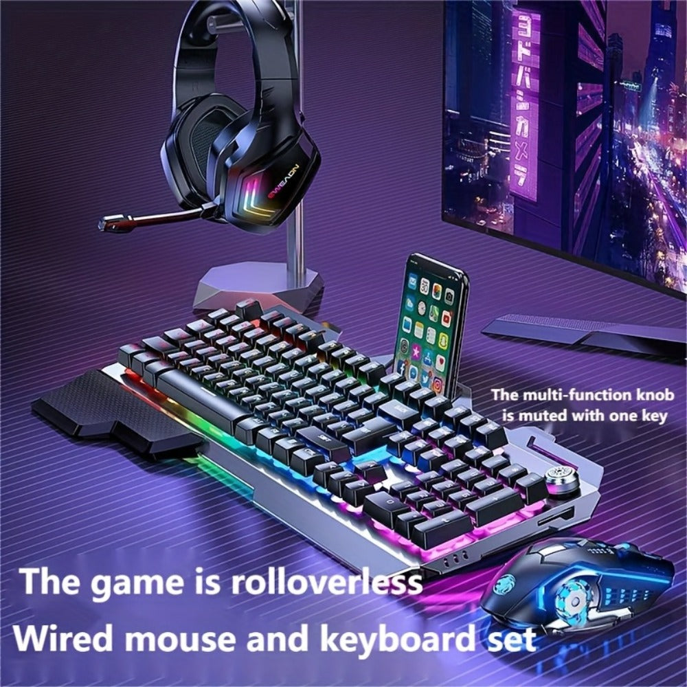Gaming Keyboard Wired 104 Keys Full Metal Panel – LED Color Backlight, Multimedia Knob, Faux Mechanical Feel, USB