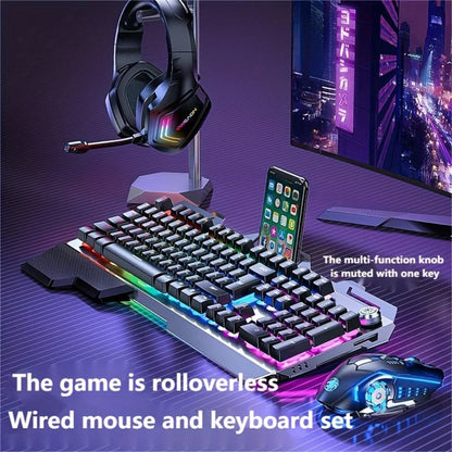 Gaming Keyboard Wired 104 Keys Full Metal Panel – LED Color Backlight, Multimedia Knob, Faux Mechanical Feel, USB