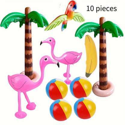 Hawaiian Luau Inflatable Party Decorations 10-Piece Set – 2 Palm Trees, 2 Flamingos, 4 Beach Balls, Parrot & Banana