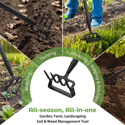 2-in-1 Garden Hand Tool with Stirrup Hoe, Four-Tine Cultivator and 62-, 73- or 82-Inch Sectional Handle