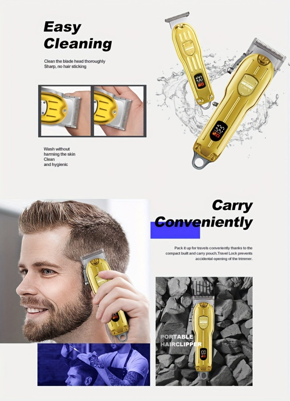 Hair Clipper WEEME 819 Gold or Silver Two-Tool Set with LCD Displays, USB Charging and Eight Guide Combs
