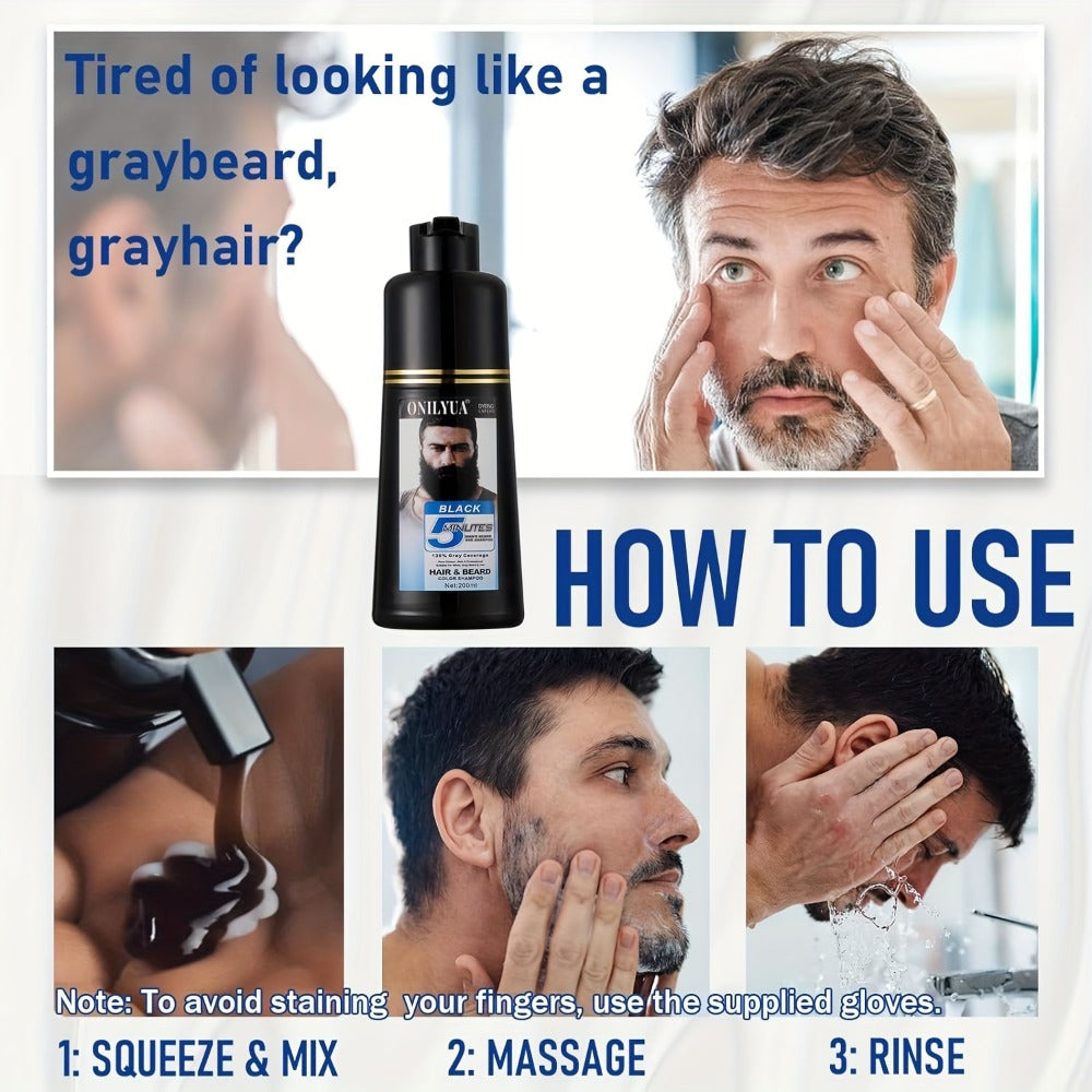 Beard Dye Shampoo for Men 2-in-1 Hair & Beard Grey Coverage Argan Oil No-Mix Formula for Bath Time, Home Spa and Personal Care