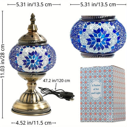 Turkish Moroccan Mosaic Table Lamp Handmade Crystal Glass Spherical Shade 3-Color Adjustable for Entryways, Bedrooms and Living Spaces