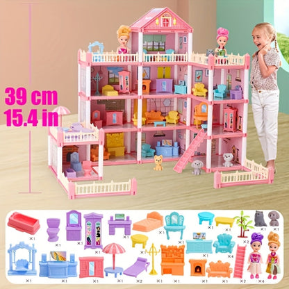 Princess Doll House Castle with Furniture & Accessories, Pink or Blue Mini Villa Playset 14 to 27 Rooms