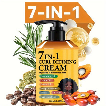 Curl Cream for Wavy & Curly Hair 9.47oz – 7-in-1 Moroccan Argan Oil & Rosemary Formula for Long-Lasting Hold