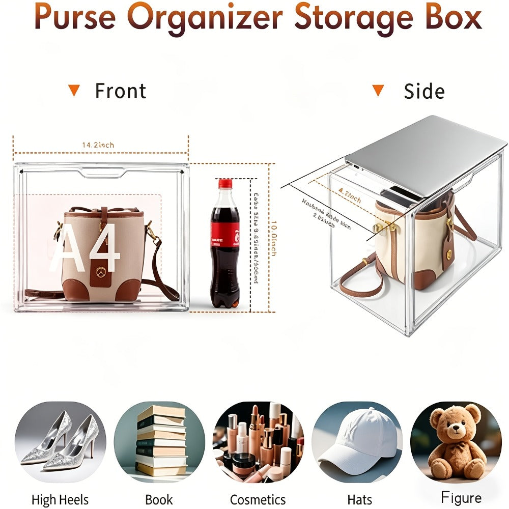 Clear Purse Organizer for Closet – Transparent Acrylic Handbag Display Case with Magnetic Door, Dustproof Stackable Storage Box for Purses
