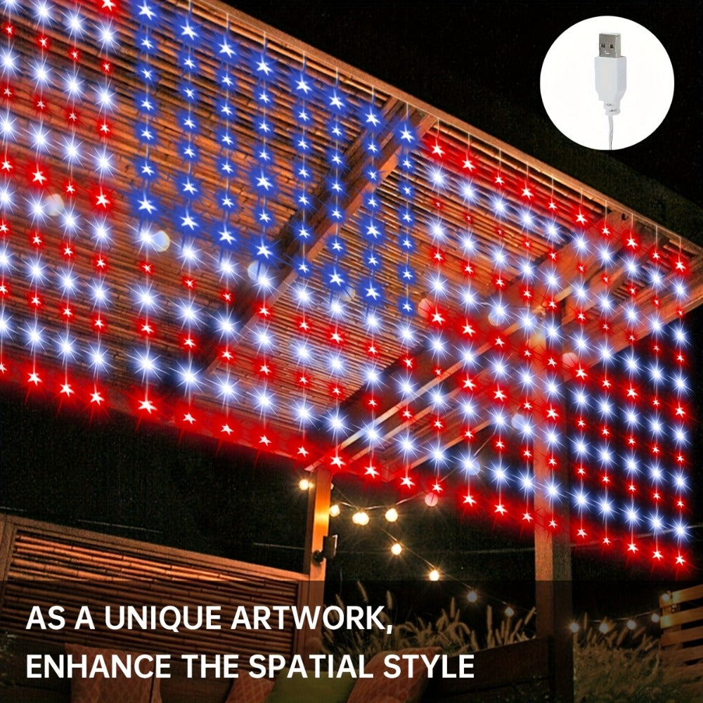 American Flag LED Curtain Lights 242 LEDs USB Powered, 4th of July Patriotic Decorations for Home Porch Garden Courtyard