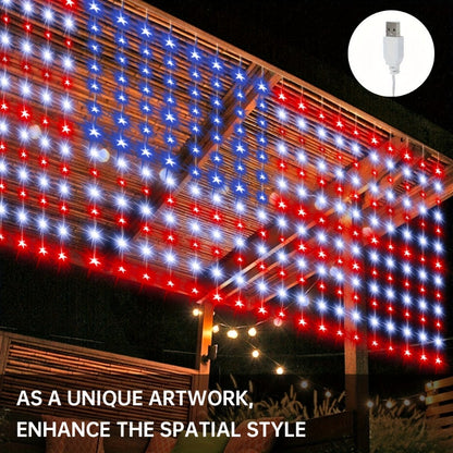 American Flag LED Curtain Lights 242 LEDs USB Powered, 4th of July Patriotic Decorations for Home Porch Garden Courtyard