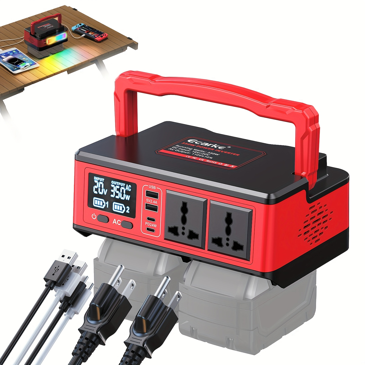 Battery Inverter for Dewalt 20V & 18V - 200W/350W/550W DC to AC 110V, USB, Type-C & AC Outlet, LED Work Light