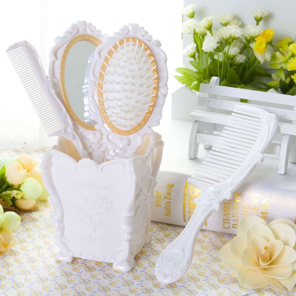 Retro Hair Comb Set with Mirror Scalp Massage Hairbrush Pocket Mirror Vintage Vanity Brush Set for Women Girls Travel Daily Grooming Makeup