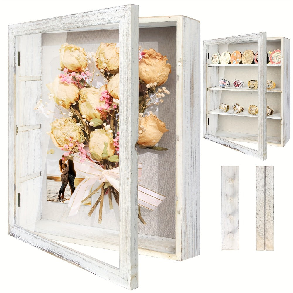 Shadow Box Frame 11x14 Large Memory Display Case with Linen Back – 4 Removable Shelves for Medals, Coins, Rings, Pins