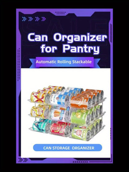3-Tier Can Organizer Rack, 3-Set Clear Plastic Rolling Pantry and Refrigerator Storage for Up to 36 Cans