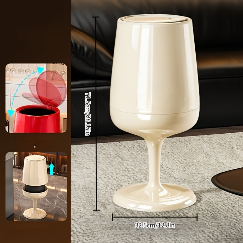 Wine Glass-Shaped Trash Can with Press Lid, 28.15-Inch Height and Red, Cream White or Black Finish