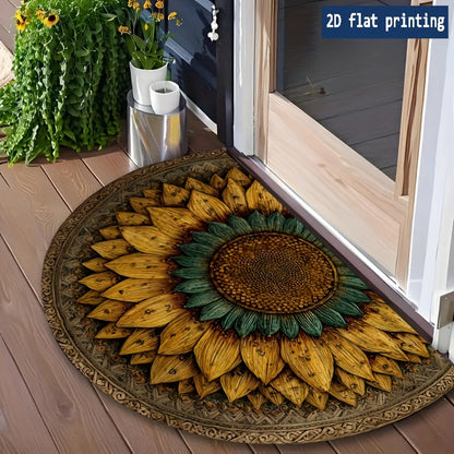 Sunflower Mandala Door Mat with Half-Round Shape, Flat Printed Surface and Three Entryway Sizes