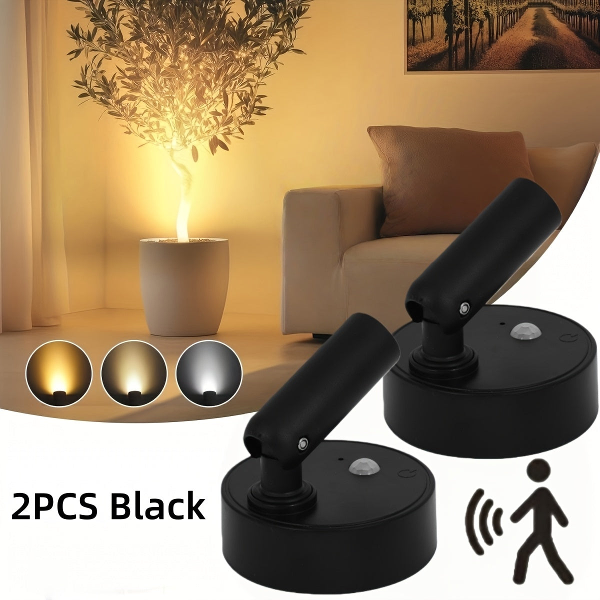 Wireless LED Spotlight Indoor 2 Pack Remote Control 3-Color Adjustable Motion Sensor Magnetic for Entryways, Bedrooms and Living Spaces