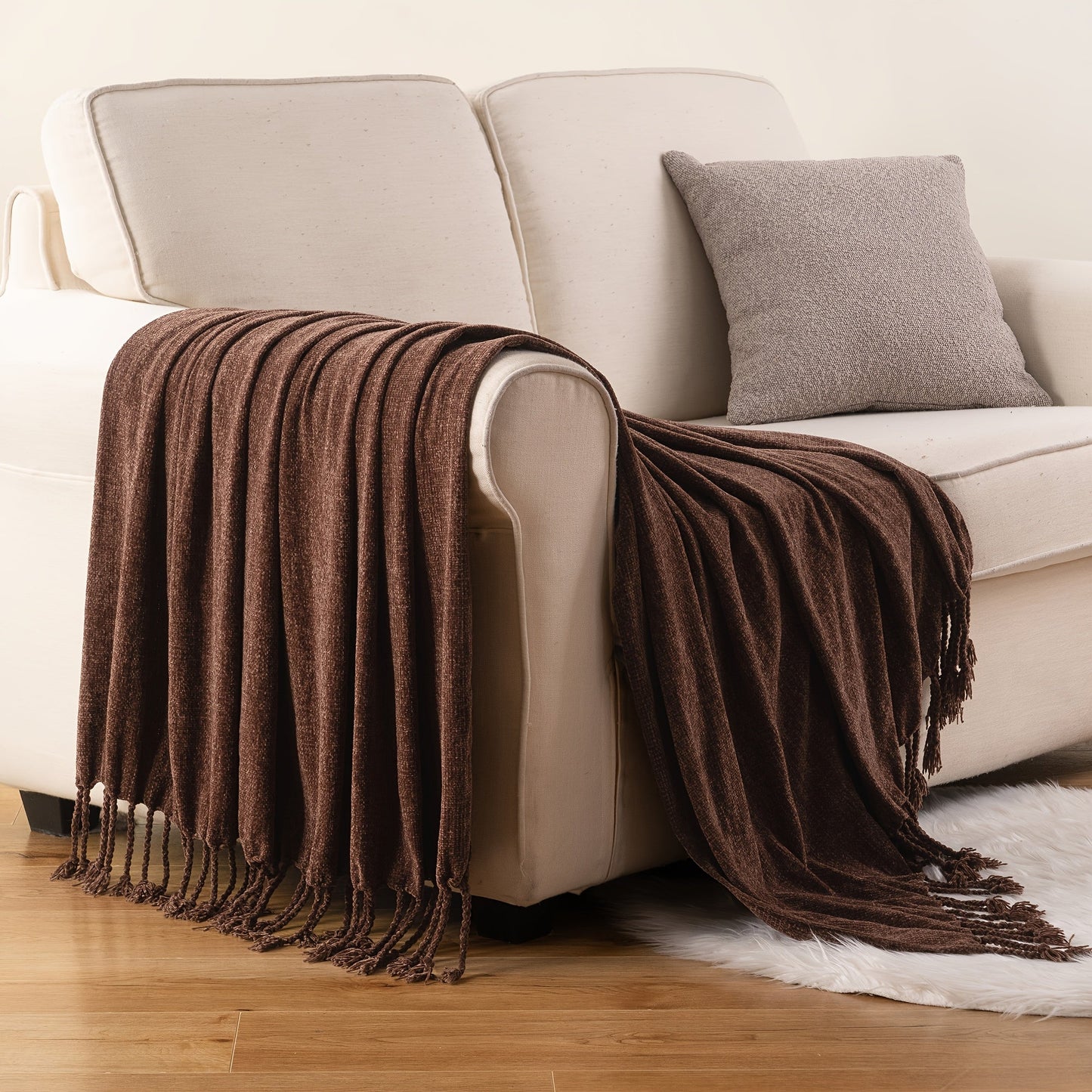 Chenille Fringe Throw Blanket, 180-200gsm Velvety Decorative Throw for Sofa & Couch, Home Decor, 50”×60”