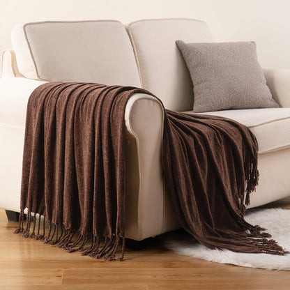 Chenille Fringe Throw Blanket, 180-200gsm Velvety Decorative Throw for Sofa & Couch, Home Decor, 50”×60”