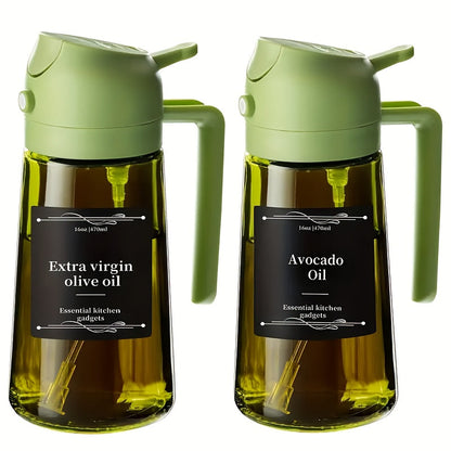Olive Oil Dispenser Bottle 2-in-1 Glass Oil Sprayer & Dispenser 16oz Kitchen Cooking Oil Bottle with Labels for BBQ, Salad