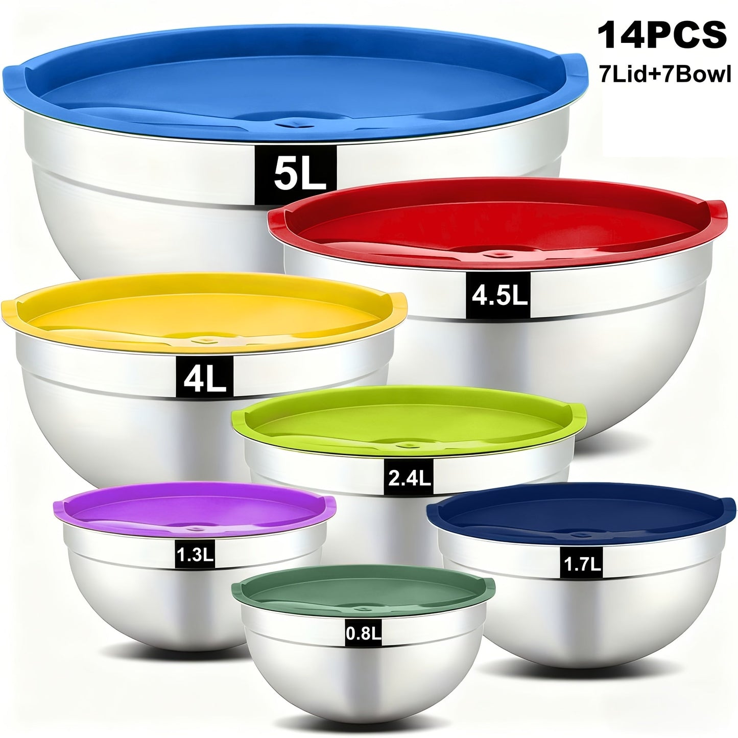 Stainless Steel Mixing Bowls with Airtight Lids Set of 14 Seven Nesting Bowls 0.7 to 4.5QT for Home Cooking, Dining and Outdoor Meals