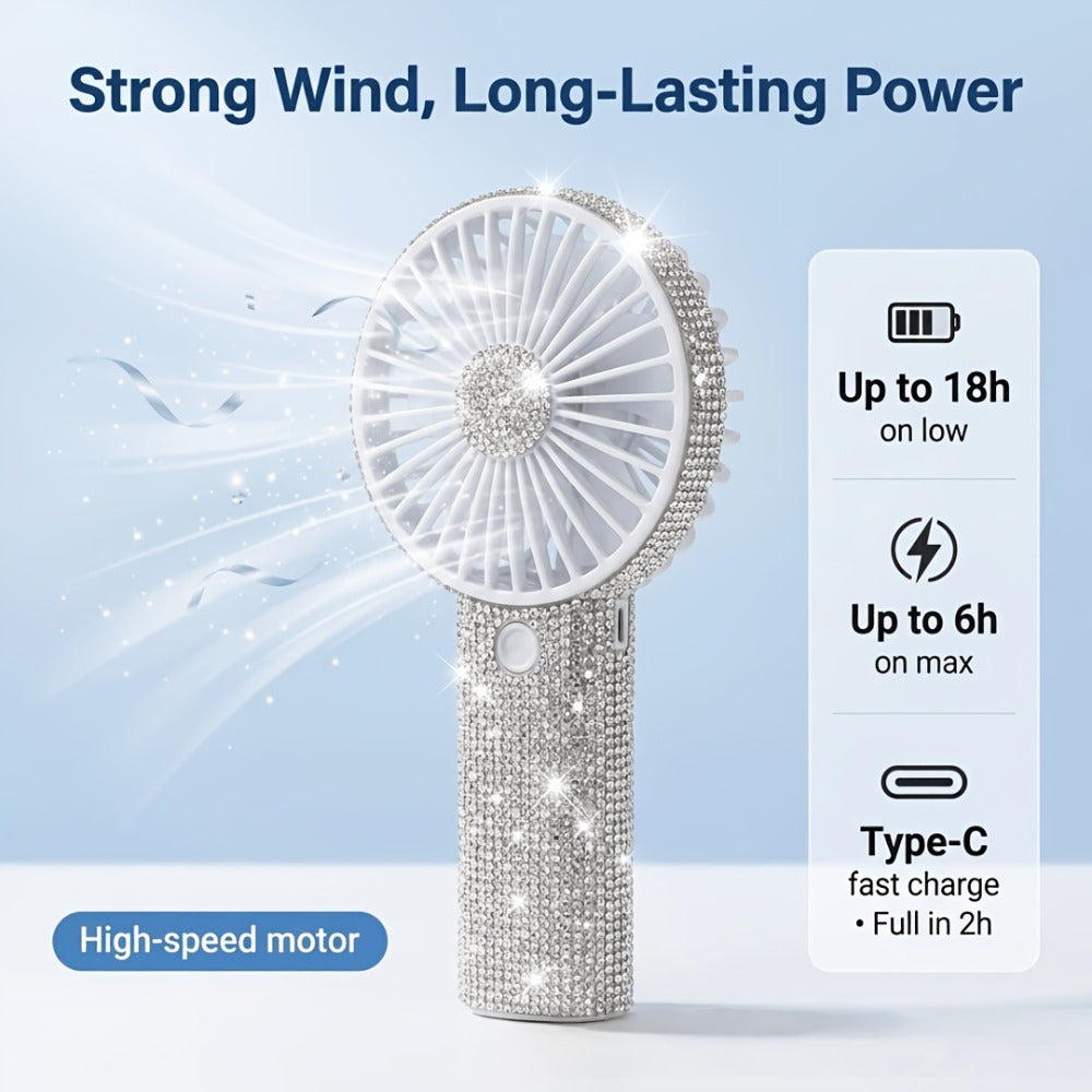 Rhinestone Handheld Fan Mini USB Rechargeable, Crystal Diamond Sparkling Personal Fan 3-Speed for Women and Girls