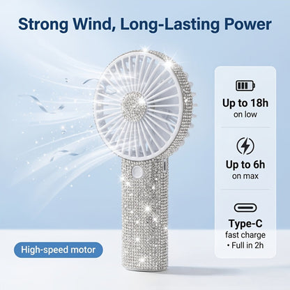 Rhinestone Handheld Fan Mini USB Rechargeable, Crystal Diamond Sparkling Personal Fan 3-Speed for Women and Girls