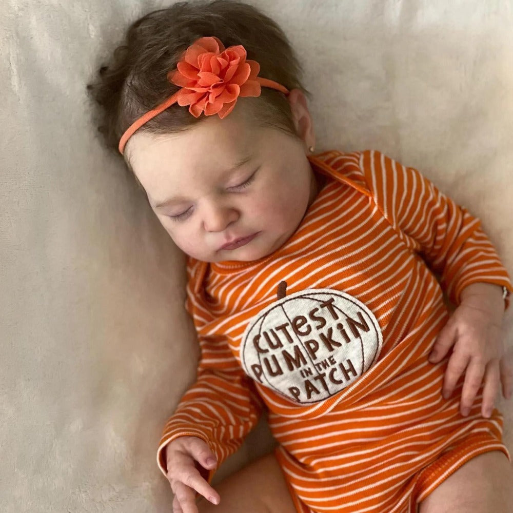 Reborn Baby Doll 20-Inch Sleeping Cloth Body with Rooted Hair, Orange Outfit, Pacifier, Bottle and Accessory Card