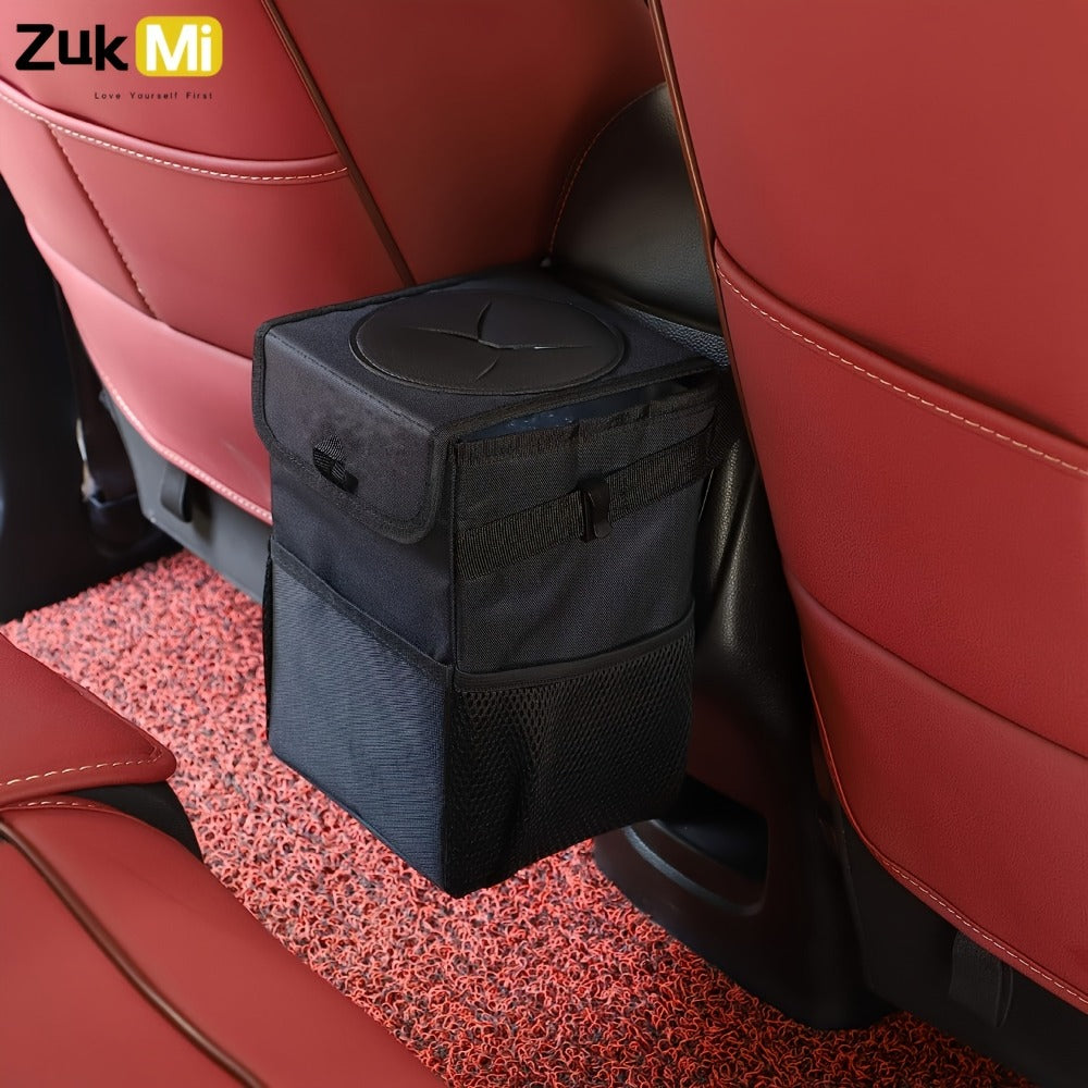 Collapsible Hanging Car Trash Bag with Lid, Side Storage Pockets, Black Finish and 25 × 16 × 15 cm Size