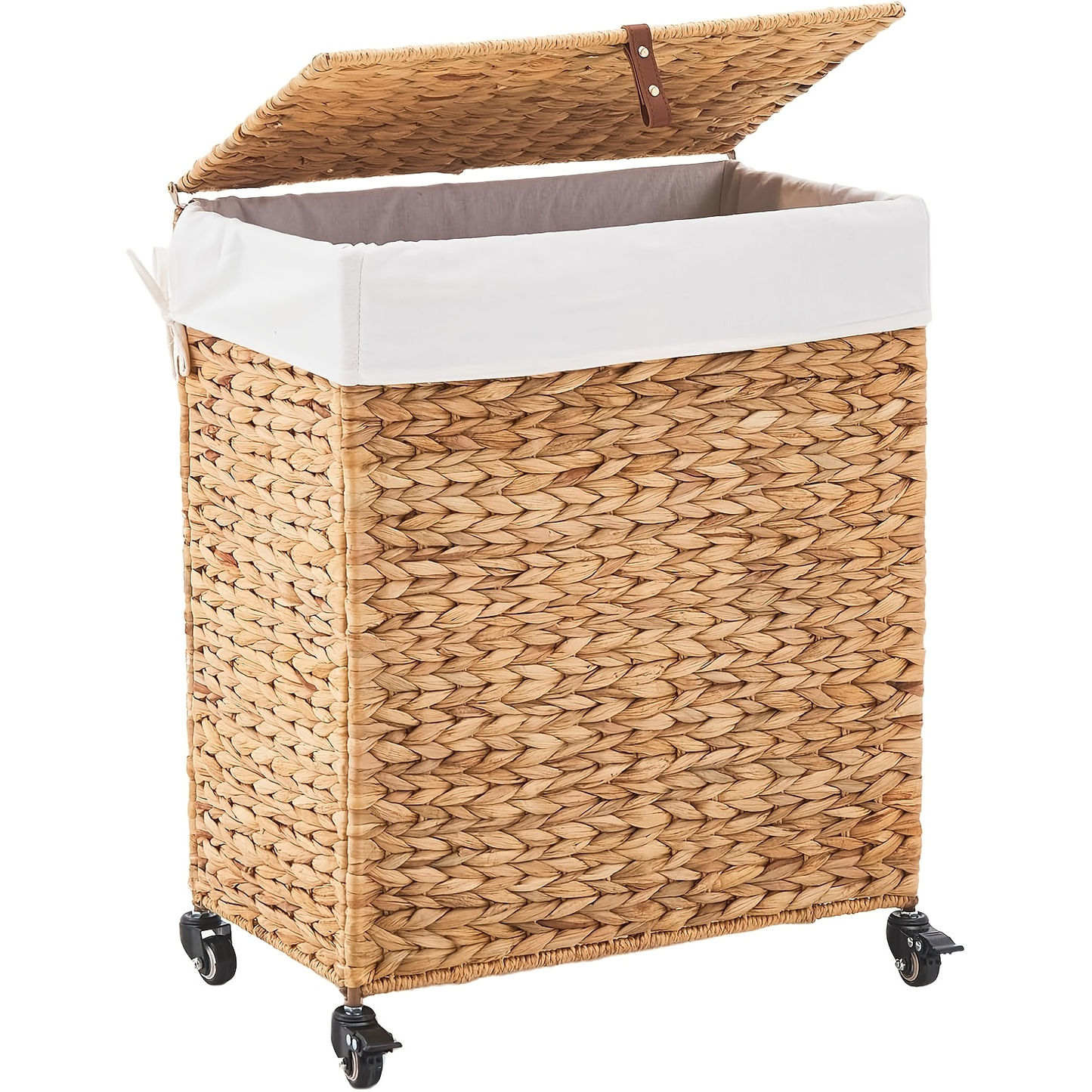 Laundry Basket with Lid & Handles – Handwoven Water Hyacinth Wicker Hamper, Removable Cotton Liner