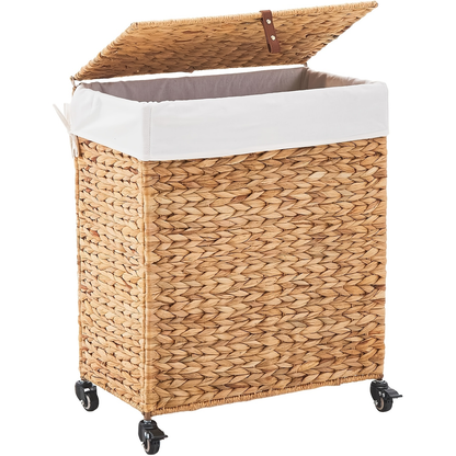 Laundry Basket with Lid & Handles – Handwoven Water Hyacinth Wicker Hamper, Removable Cotton Liner