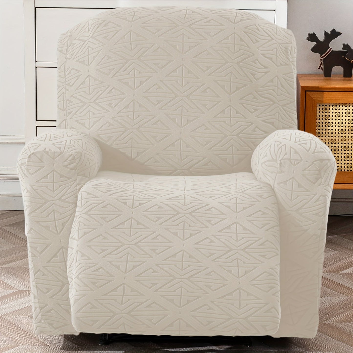 Four-Piece Geometric Jacquard Recliner Chair Cover Set with Labeled Left, Right, Back and Front Sections