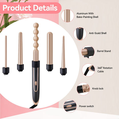 5-in-1 Curling Wand Set Ceramic Interchangeable Barrels 0.4-1.25 Inch – 30s Fast Heat, for Home, Travel and Salon Hair Styling