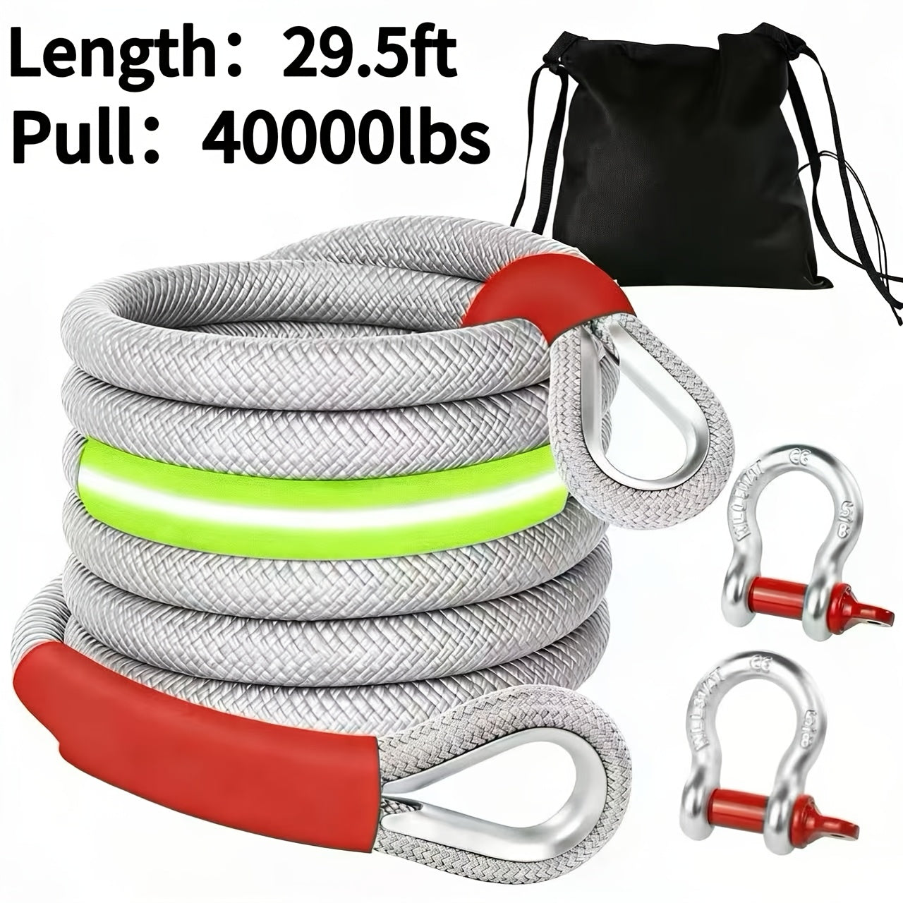 Recovery Tow Strap Heavy Duty – Up to 48000 LBS Break Strength, Kinetic Tow Rope with 2 D-Ring Shackles, Reflective Safety Flag & Storage