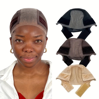Wide Lace Wig Grip Caps, Two-Piece Set with Ear Cutouts and Adjustable Straps in Brown, Black or Beige