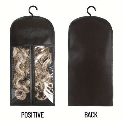 Hanging Wig Storage Bags, Six-Piece Black Set with Clear Front Panels, Zippers and Integrated Hangers