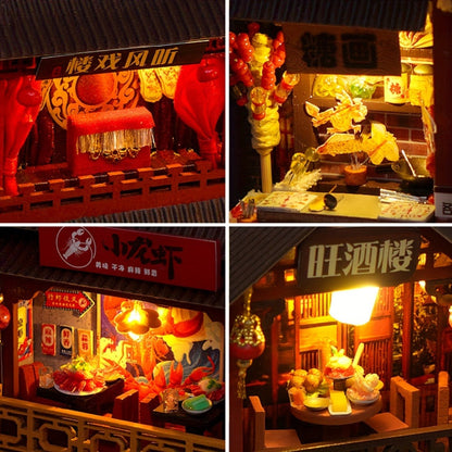 Book Nook Kit Chinese Food Street Miniature Dollhouse 3D Wooden Puzzle Bookshelf Insert DIY Model Building Set for Adults Teens