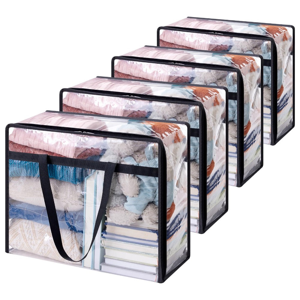 Four-Piece 40-Liter Clear Storage Bag Set with Black Handles, Zipper Closure and Fold-Flat Design