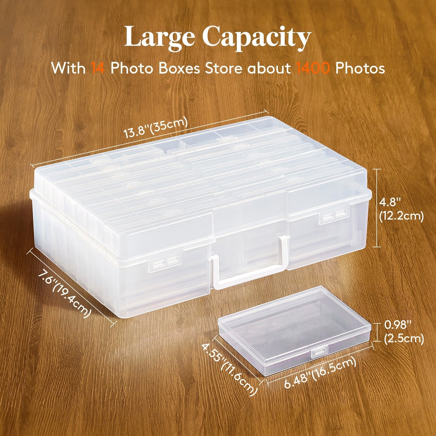 4x6 Photo Storage Box with 14 Inner Photo Keeper Cases Holds 1400 Photos Clear Plastic Photo Organizer with Lids Label Stickers BPA-Free