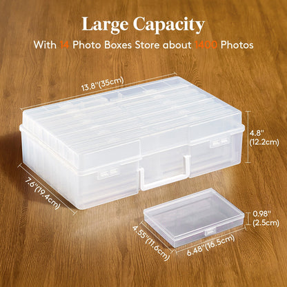 4x6 Photo Storage Box with 14 Inner Photo Keeper Cases Holds 1400 Photos Clear Plastic Photo Organizer with Lids Label Stickers BPA-Free