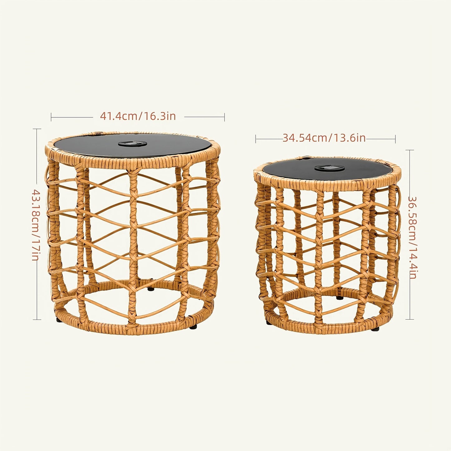 Outdoor Side Tables for Patio, Set of 2 Nesting PE Wicker Frames with Tempered Glass Tops for Patio or Balcony Layouts