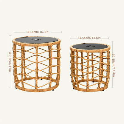Outdoor Side Tables for Patio, Set of 2 Nesting PE Wicker Frames with Tempered Glass Tops for Patio or Balcony Layouts